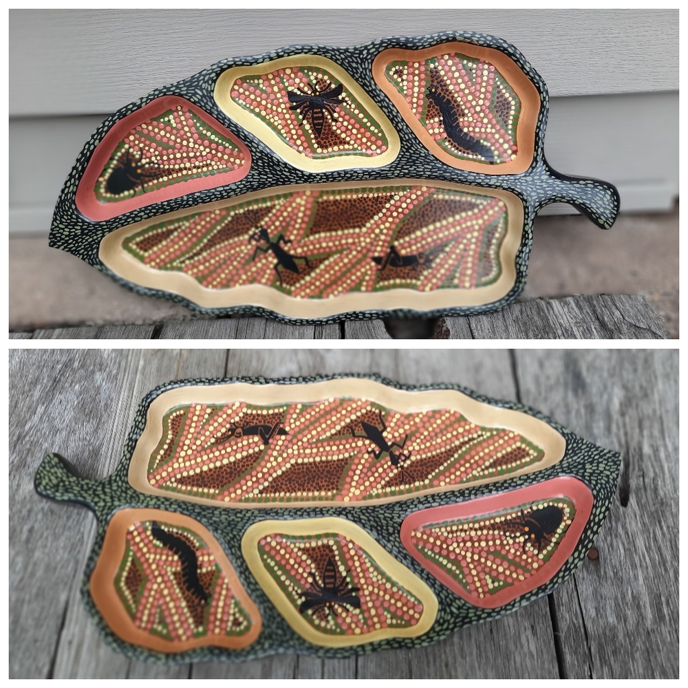 Handpainted vtg wood dish bug silhouettes on dot art upcycled Leaf Shape